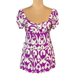 VTG Y2K Babydoll Top Sz.M Ikat Print Short Puff Sleeve Boho Coquette Festival
